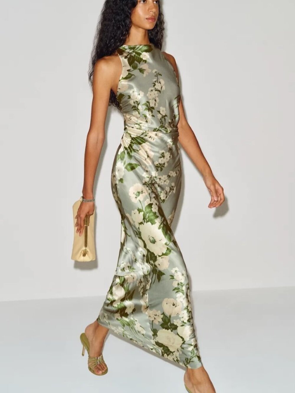 NEW Reformation Anaiis Long Silk Backless Dress Tarragon Green Floral US 6 UK 10